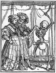 Los simulacros de la muerte de Hans Holbein el Joven (1497-1543): los esposos. La muerte toca el tambor ante una pareja. Grabado.