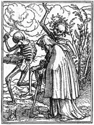 Los simulacros de la muerte de Hans Holbein el Joven (1497-1543): la anciana. La muerte acompaña a una anciana a su destino. Grabado