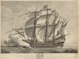 Este grabado es la representación exacta de la nave capital Gran Harry, construida en los astilleros de Su Majestad en Woolwich durante el reinado de Enrique VIII, año 1514...