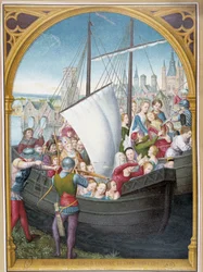 Desembarco de las vírgenes en Colonia y su martirio, de ap. cofre de Santa Úrsula, Brujas, por Memling