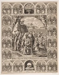 Cristo alimentando a los 5000. Rodeado de los escudos de armas de Jørgen Vind