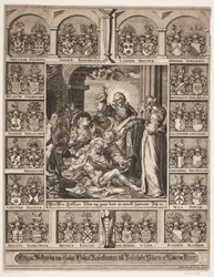 La resurrección de Lázaro. Rodeado de los escudos de armas de Holger Rosenkrantz