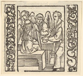 Ángeles servidos en una mesa, ilustración de Speculum Passionis