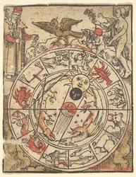 Carta de los signos del zodiaco con Venus, Cupido y un santo obispo