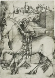 Un mozo ensillando un caballo