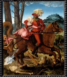El caballero, la niña y la muerte. La muerte está representada en forma alegórica. Pintura de Hans Grien Baldung (1484/85-1545) siglo XVI