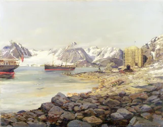 Los barcos de la Expedición Polar Andree anclados frente a la estación del balcón, Dane