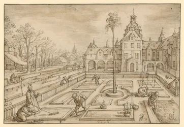 Cuidado de un jardín de castillo a comienzos de primavera, probablemente de una serie de representaciones de los meses