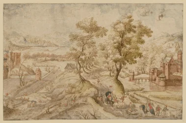 Paisaje montañoso con dos castillos de agua