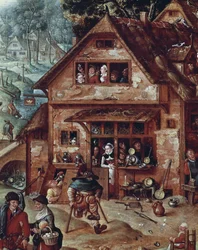 Taberna, detalle de escena de pueblo, pintura de Hans Bol (1534-1593)