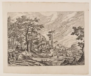 Vista de un pueblo, un hombre llevando una carretilla, lámina 8 de Paisajes con vistas de pueblos
