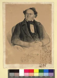 Ignaz Tomaselli, actor y cantante (1812-1862). Con firma en facsímil y poema de cuatro versos «Escenario mundial». A la derecha, un poema de cuatro versos como dedicatoria de Ignatz Tomaselli a (?) Linz, 28 de marzo de 1849. Ignatz Tomaselli/Escenario