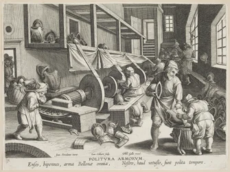 Politura Armorum (Pulido de Armas), lámina 17 de la serie Nova Reperta (Descubrimientos Modernos) c.1588 (grabado en papel verjurado)