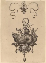 Diseño para un colgante con monstruo marino llevando a una mujer en una concha flanqueada por un tritón y un hombre con un remo