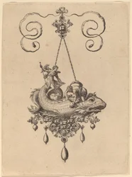 Diseño para un colgante con un pez que lleva a Tobías y el ángel