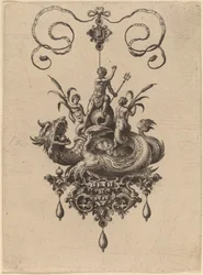 Diseño para un colgante con un monstruo marino llevando a Neptuno flanqueado por dos nereidas