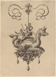 Diseño para un colgante con un monstruo marino llevando a Neptuno en una urna flanqueada por un dios del río con un remo