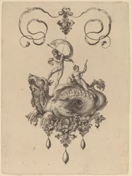 Diseño para un colgante con un monstruo marino llevando a Tetis y un hombre con una vela