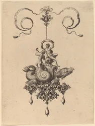 Diseño para un colgante con un monstruo marino en una concha llevando un tritón y una mujer con una vela
