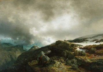 Paisaje de alta montaña con cazadores de renos (pintura)