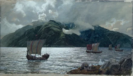 Barcos vikingos, Sognefjord (acuarela, bolígrafo, lápiz y gouache sobre papel)