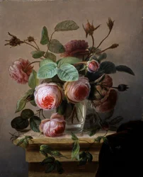 Bodegón de rosas rosadas en un jarrón de cristal. Pintura de Hans Hermann (1813-1890) Colección particular.