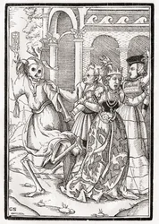 La muerte llega para la reina, grabado por Georg Scharffenberg, de 
