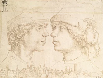 Retratos de dos jóvenes, un enano y un paisaje urbano, c.1514