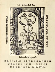 Marca de impresor de Johann Frobens (c.1460-1527) mostrando dos manos sosteniendo el caduceo de la tercera edición de 1518 de 