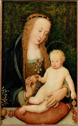Santa María entrega una granada al Niño (pintura sobre madera de tilo)