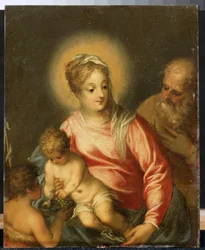 La Sagrada Familia con San Juan Bautista. Pintura de Hans Rottenhammer Ingle (1564-1625). Óleo sobre cobre, 27,5 x 35 cm, finales del siglo XVI principios del XVII. Arte alemán, estilo barroco. Museo de Bellas Artes Pushkin, Mos