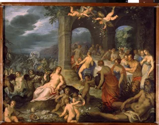Fiesta de los dioses, el matrimonio de Peleo y Tetis. A la izquierda, divinidades Merin (tritones y naides). En el centro, la diosa de la Tierra Tellus Mater (o Terra Mater o Gaia) con un cuerno abon