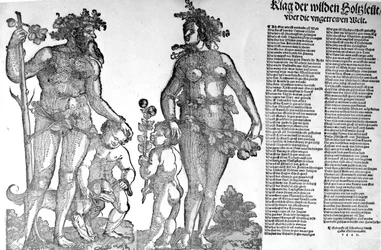 Hoja volante sobre la retirada de los hombres salvajes de los bosques de un mundo que ha cambiado para peor, xilografía hecha por Hans Guldenmundt, 1545