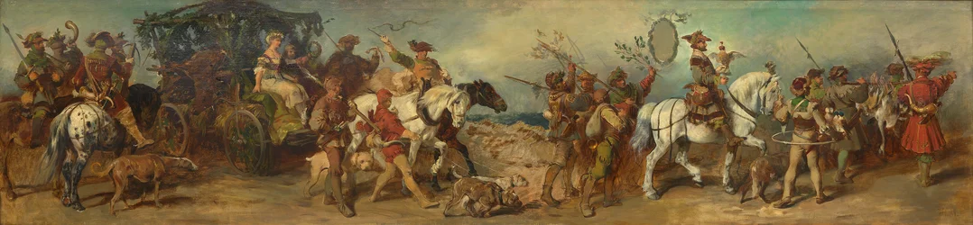 Boceto del desfile de 1879: grupo de cazadores con carro de botín