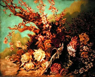 Arreglo floral con ramas de flor y peonías, c.1884