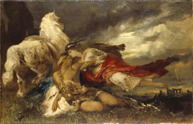 Valquiria y un héroe moribundo, de Hans Makart (1840-1884). Óleo sobre lienzo. Dimensiones: 130 x 200 cm. Nationalmuseum Stockholm