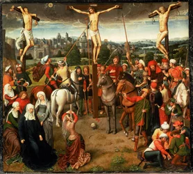 Crucifixión. Centro de un tríptico. Óleo sobre roble (temple sobre madera de roble)