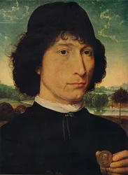 Retrato de un hombre sosteniendo una moneda del Emperador Nerón