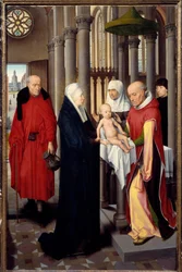 Tríptico de la Adoración de los Magos. (detalle) del panel derecho: Presentación en el Templo. Temple sobre madera de Hans Memling, alrededor de 1470. Madrid, Museo del Prado