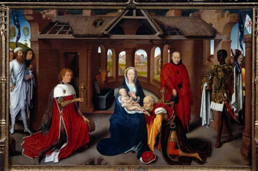 Tríptico de la Adoración de los Magos: panel central. Los magos son como Carlos el Temerario y Felipe el Bueno. Detrempe sobre madera por Hans Memling