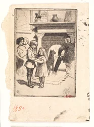Tarjeta de Año Nuevo (la familia junto a la chimenea)