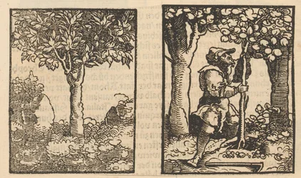 Árbol y representación de un recolector de frutas entre árboles