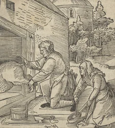 Un granjero sacrificando un cerdo, de Hymmelwagen auff dem, wer wol lebt, 1517