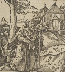 Un viejo peregrino caminando hacia la derecha, de Hymmelwagen auff dem, wer wol lebt..., 1517