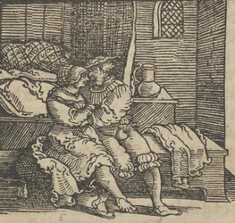 Spinneloccio encerrado en un cofre, sobre el cual están sentados su esposa y Zeppa, antes de 1534