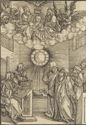 El autor escribiendo el Layenspiegel, La Trinidad y la Virgen en el centro superior, de 1511