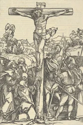 La crucifixión, de Der beschlossen gart des rosenkranzes marie, 1505