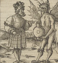 El diablo ofreciendo veneno a un caballero, de Hymmelwagen auff dem, wer wol lebt..., 1517