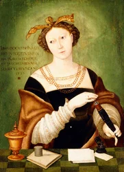 Retrato de una dama, medio cuerpo, sosteniendo un estuche de plumas frente a un borde