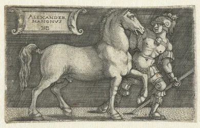 Alejandro Magno con su caballo Bucéfalo Alexander Mangnvs (título sobre el objeto)